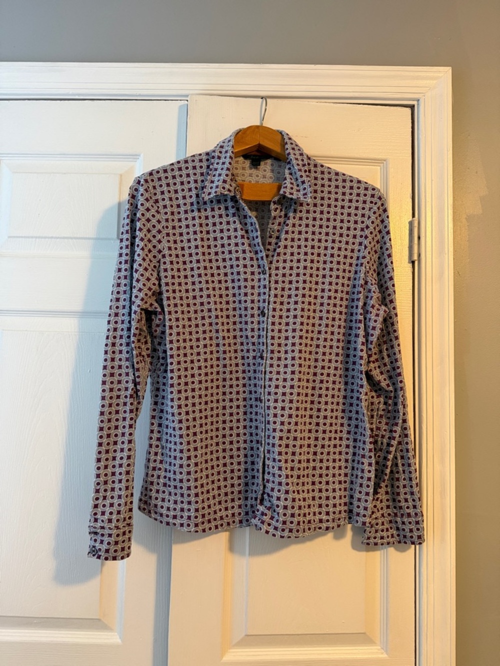 Boden button-front jersey shirt. Purple and blue make the day!